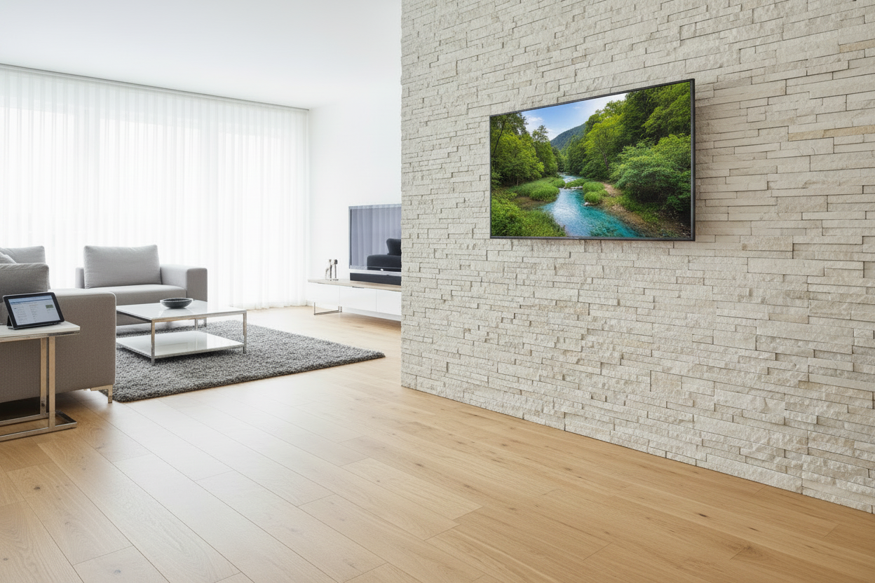 Technician mounting a large TV